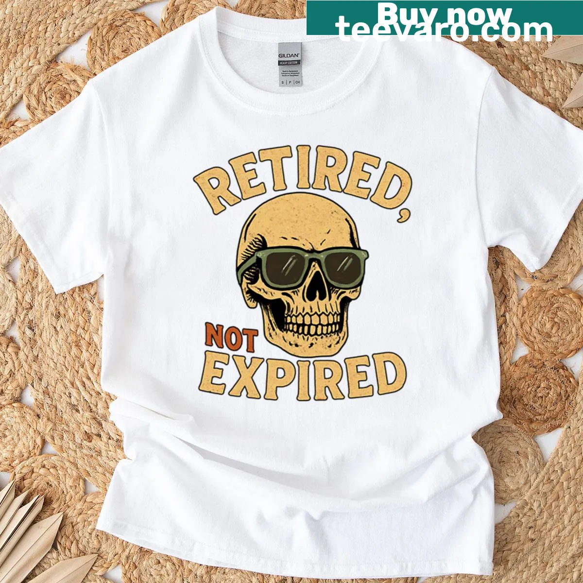 Cartoon skeleton with retirement theme on oversized T-shirt — on a men's t-shirt