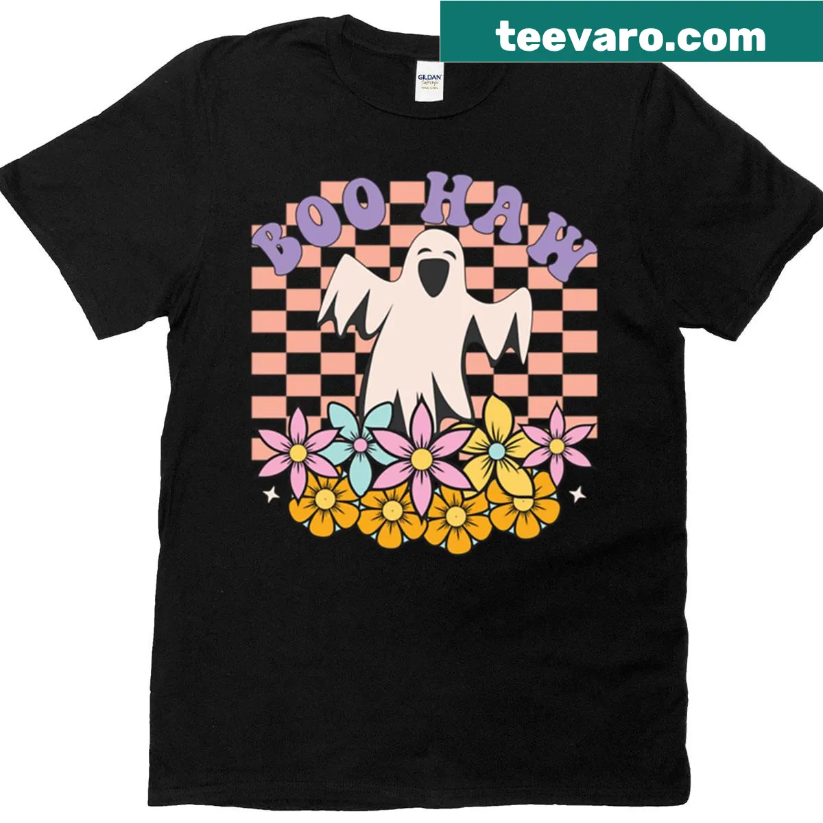 Vintage oversized Halloween T-shirt with ghost and 'Boo Haw' text — on a men's t-shirt