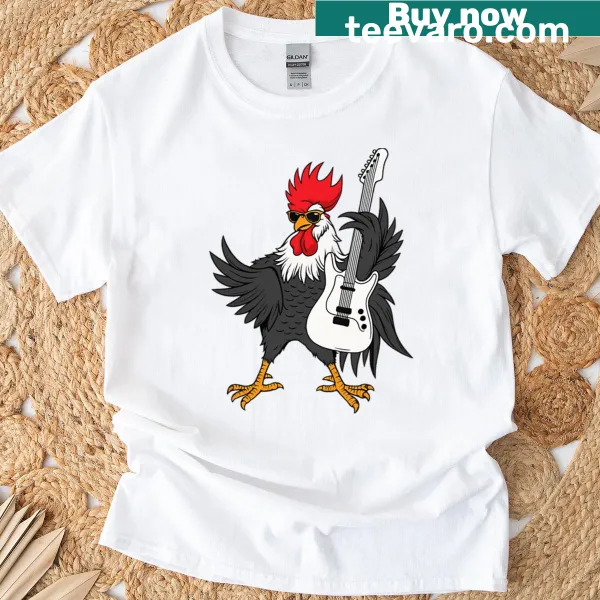 Funny T-shirt featuring a rooster playing electric guitar