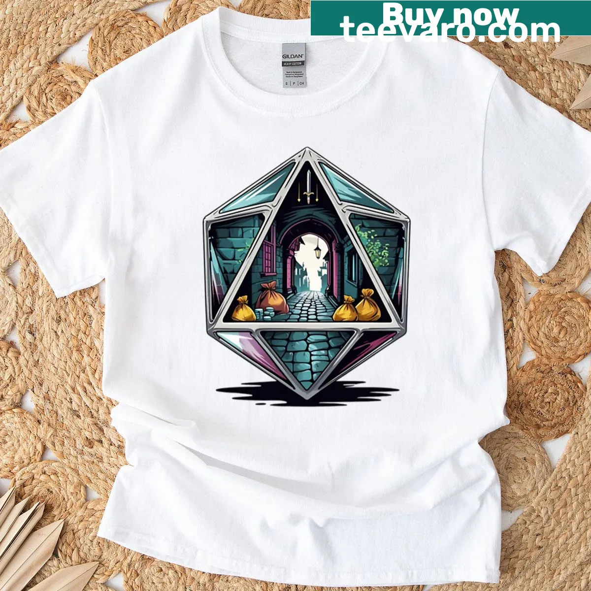 Dynamic graphic T-shirt featuring rogue dice for tabletop gaming — on a men's t-shirt