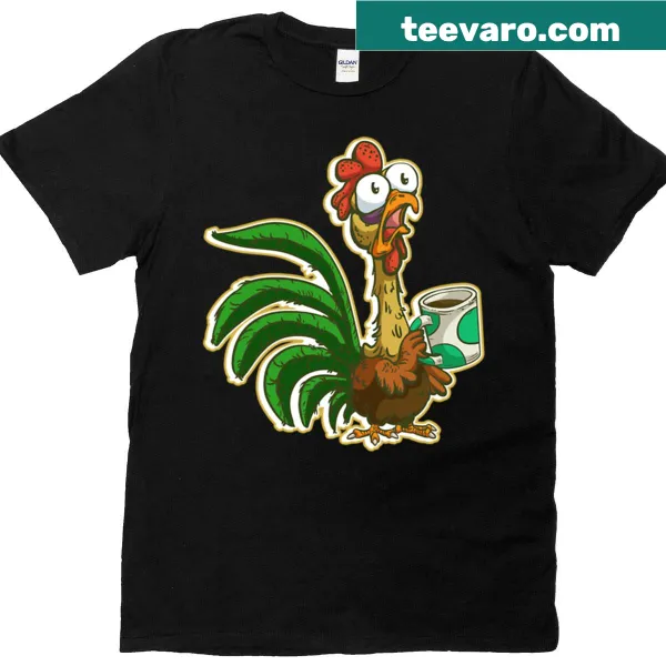 Cartoon rooster with a coffee cup on a t-shirt
