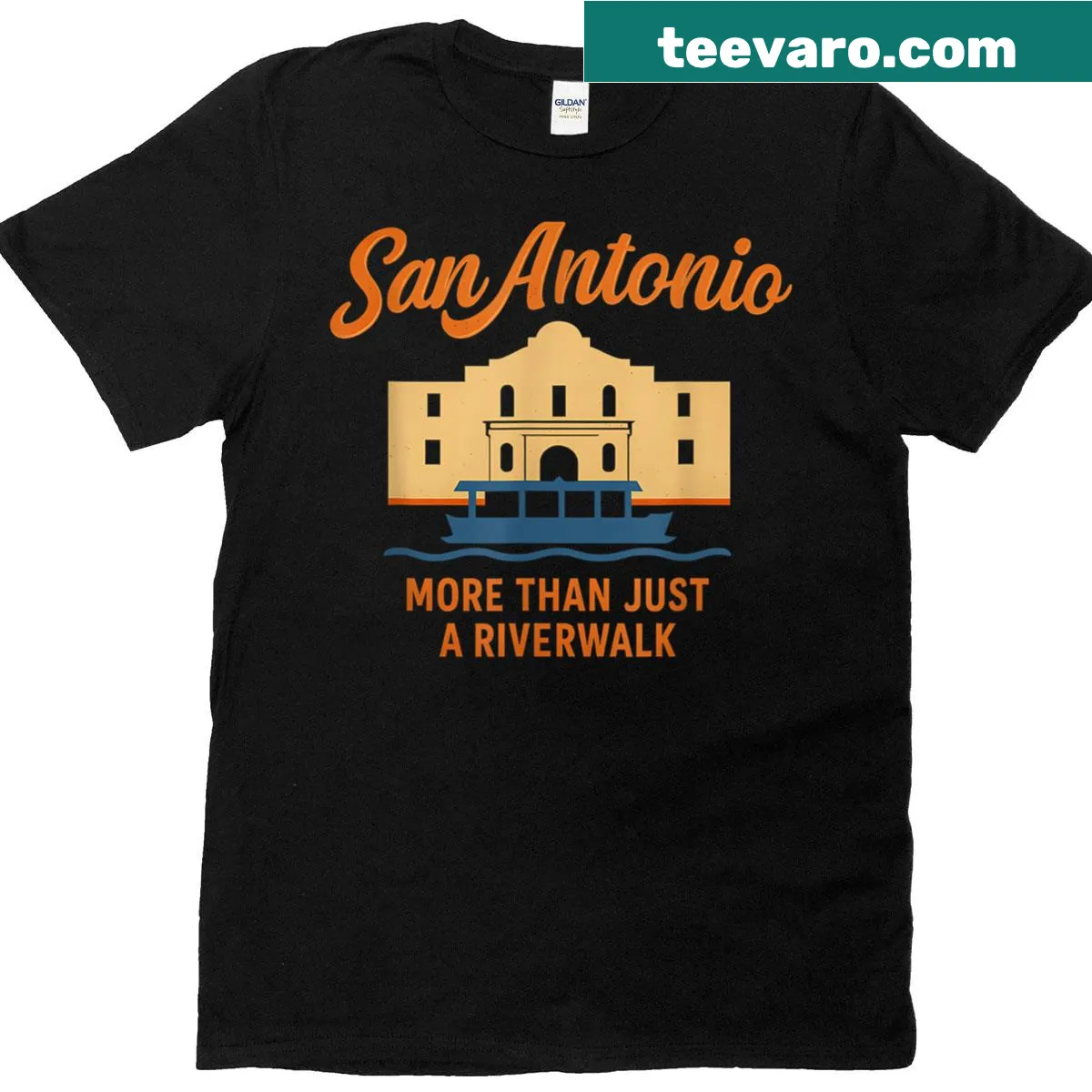 San Antonio graphic T-shirt featuring Alamo and Riverwalk — on a men's t-shirt