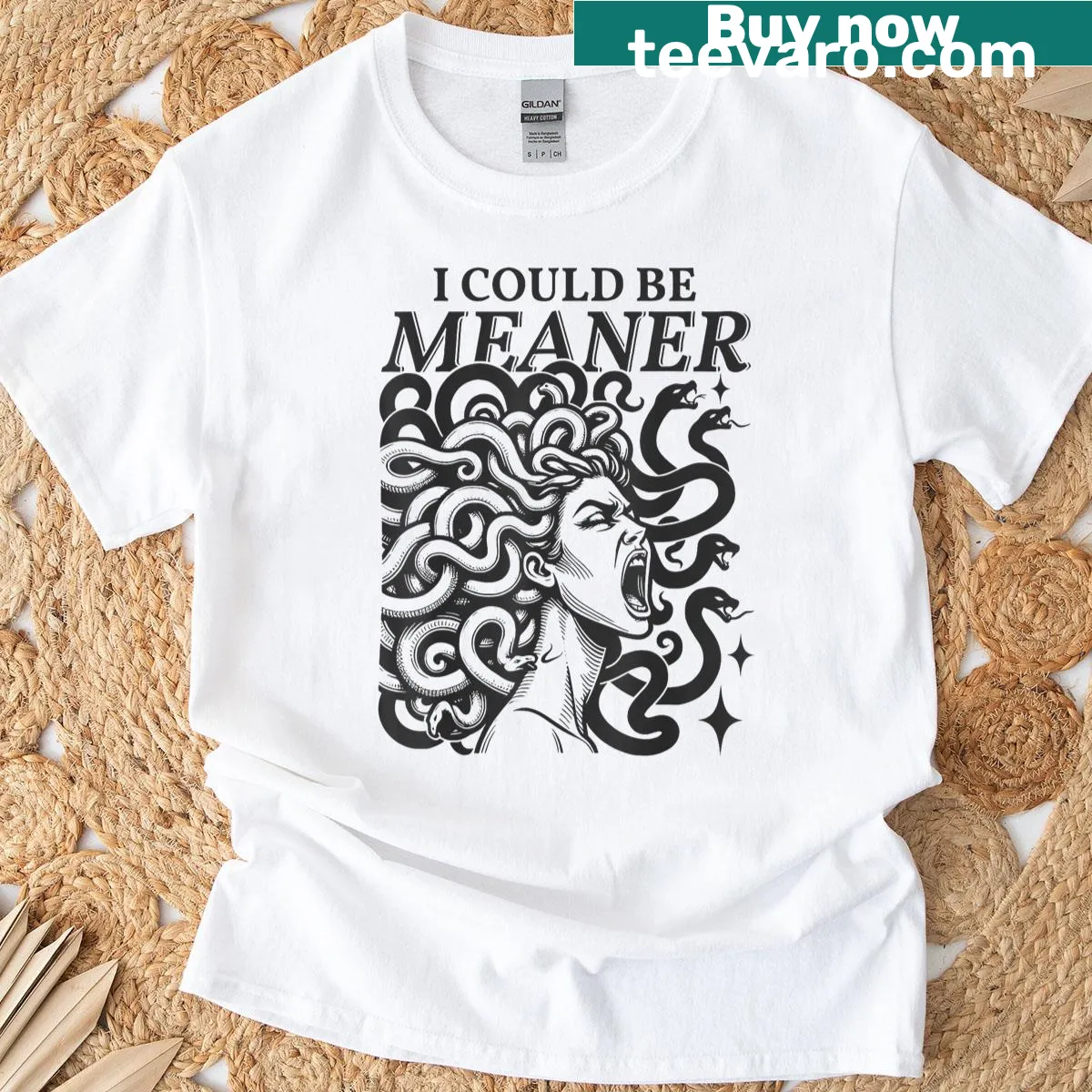 Sarcastic Medusa graphic t-shirt with the phrase 'I Could Be Meaner' — on a men's t-shirt