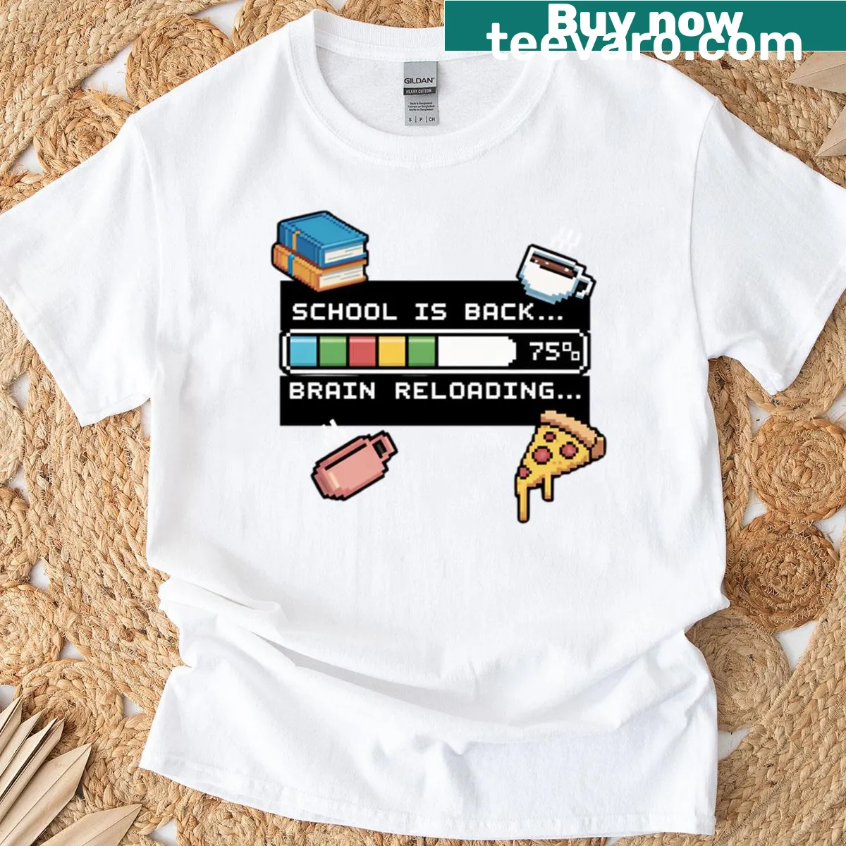 T-shirt featuring the phrase 'School Is Back: Brain Reloading' in playful typography — on a men's t-shirt