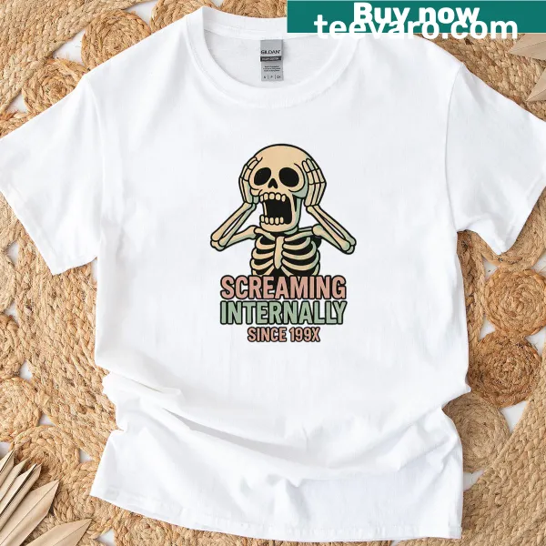 Funny skeleton graphic on a T-shirt with the phrase 'Screaming Internally Since 199x'