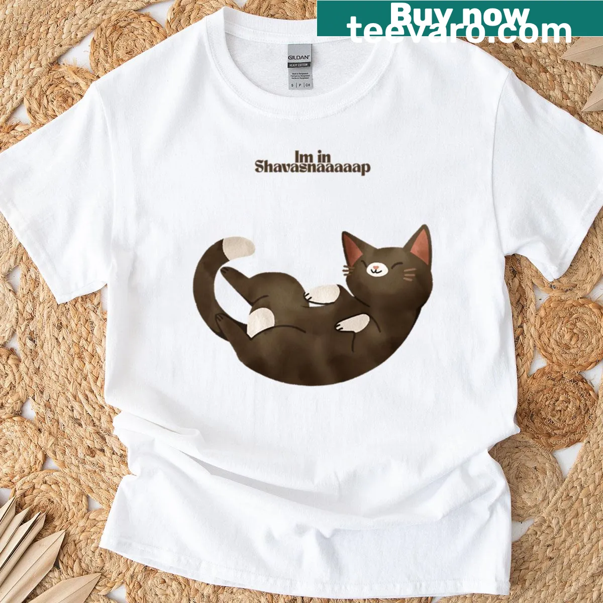 Cute cat illustration t-shirt featuring a yoga theme — on a men's t-shirt