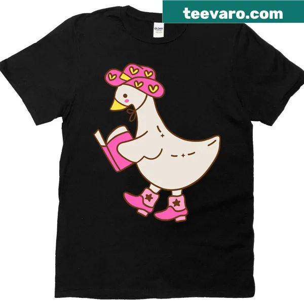 T-shirt featuring a silly goose reading a cowboy romance book
