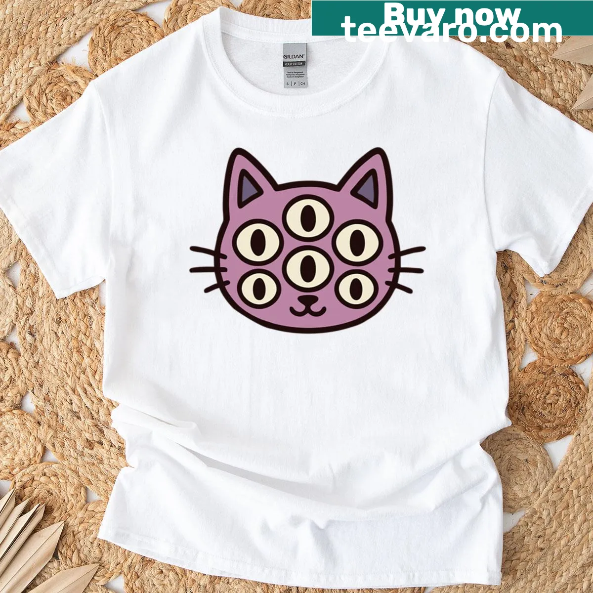 Illustration of a six-eyed mutant cat on a T-shirt — on a men's t-shirt