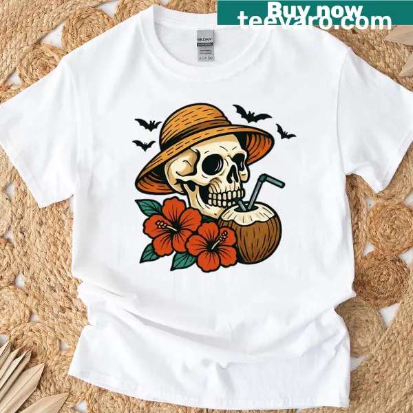 Whimsical skeleton holding a cocktail on a humorous t-shirt