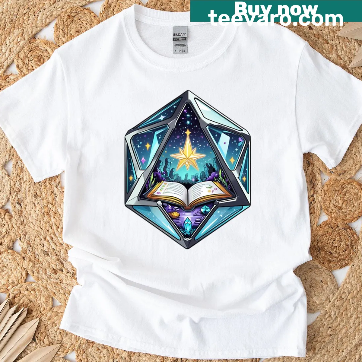 Illustrative t-shirt with spell books and dice design — on a men's t-shirt