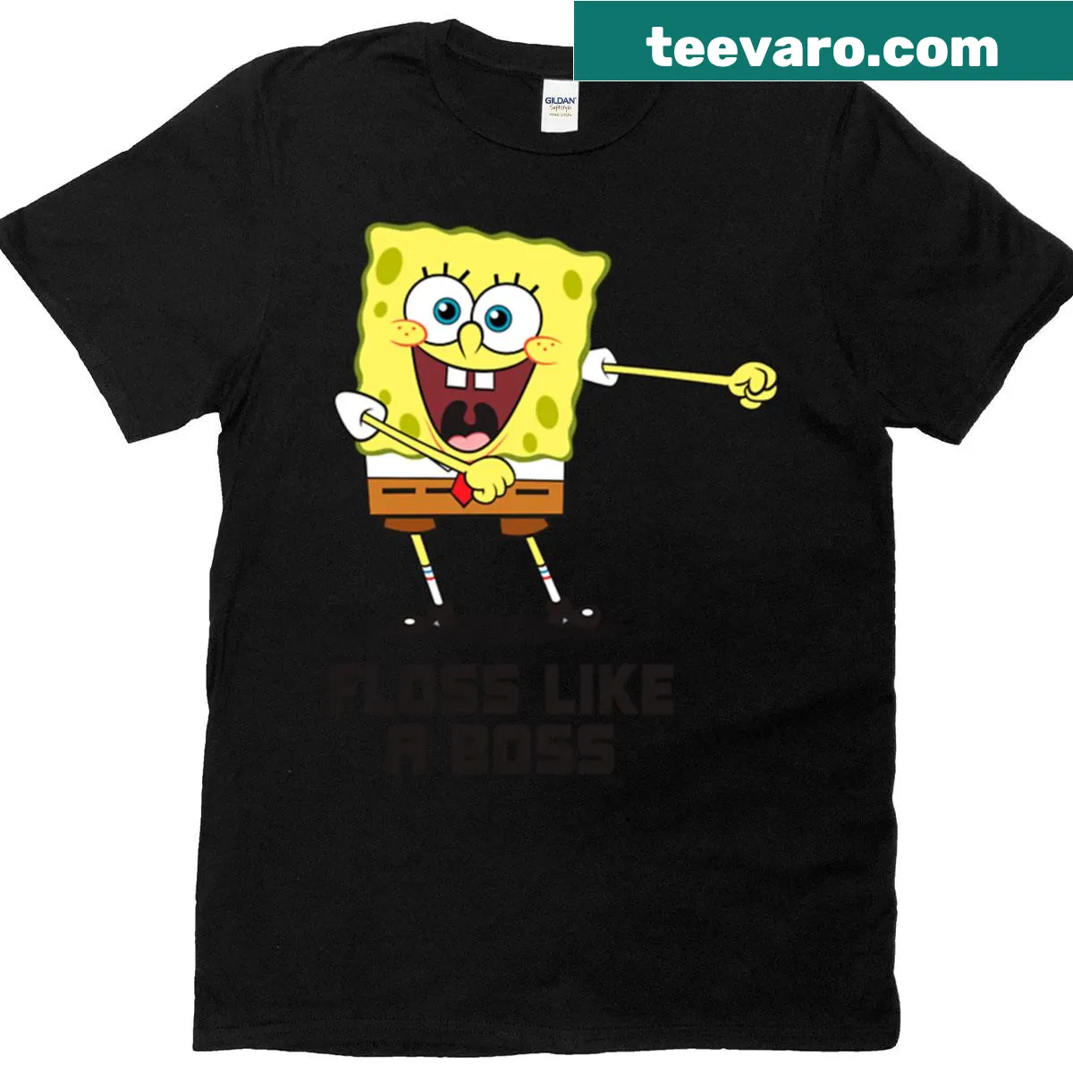 Spongebob Squarepants dancing with floss text in a cartoon style — on a men's t-shirt