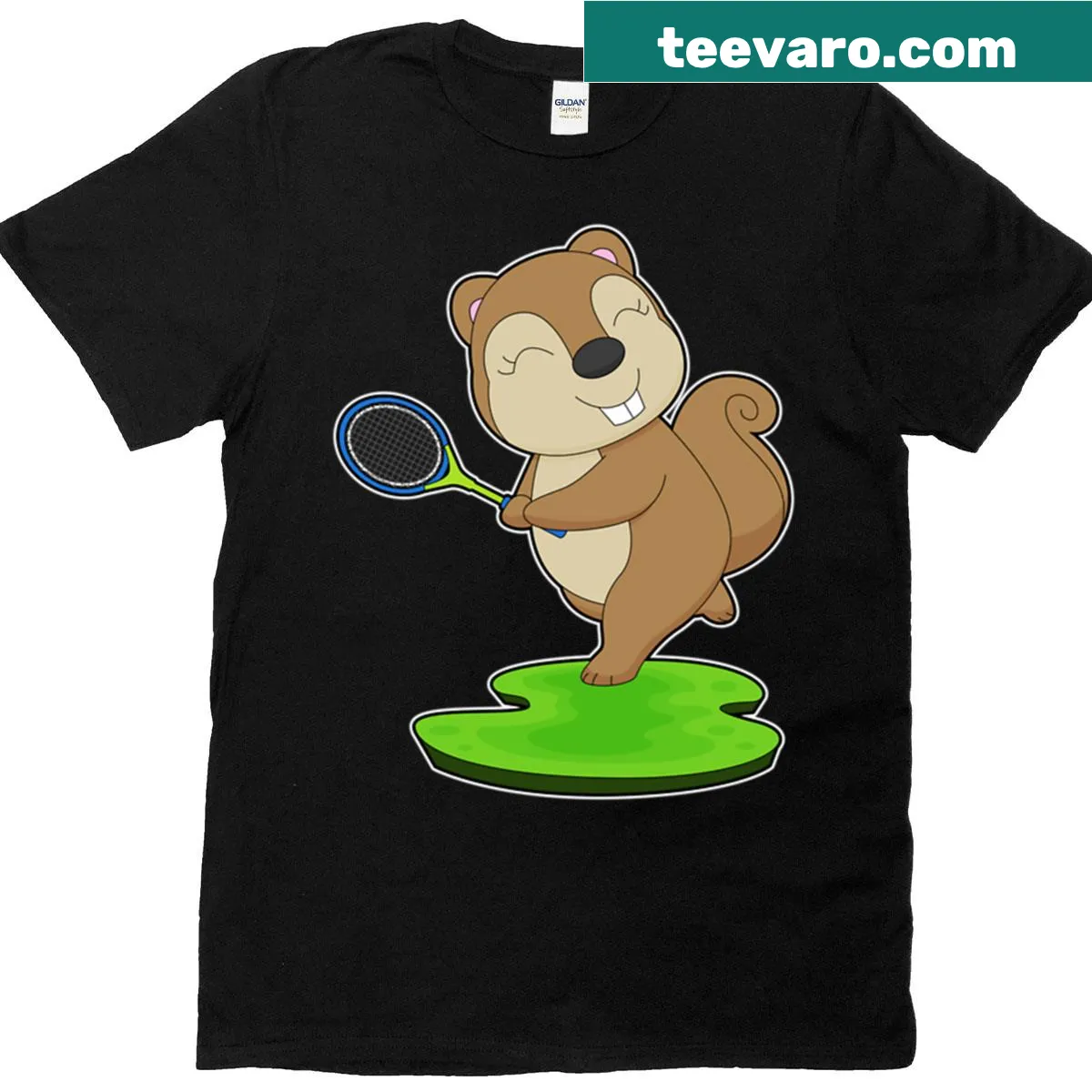 Illustration of a squirrel holding a tennis racket in a playful stance — on a men's t-shirt