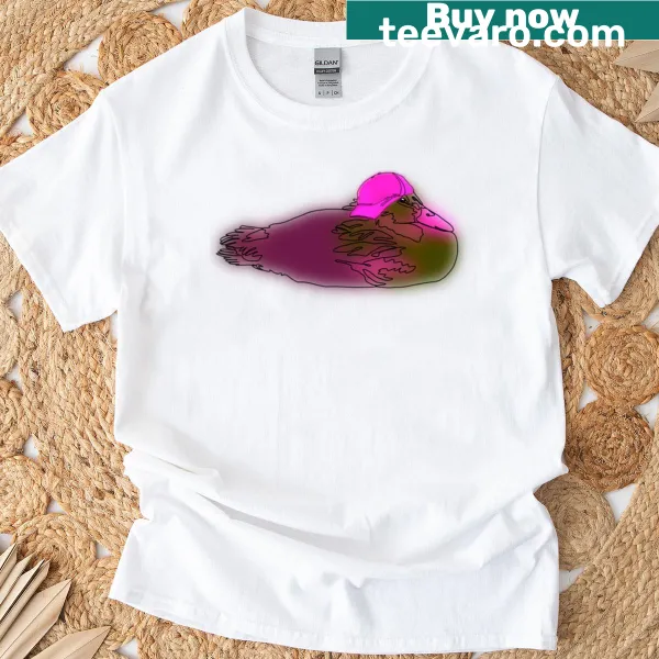 Cute illustration of a duck in a backwards cap with strawberries
