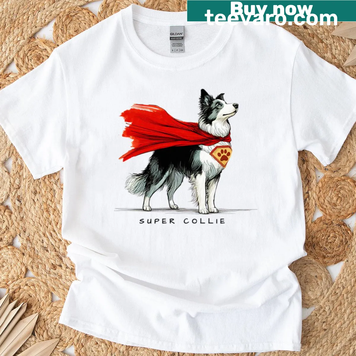 Illustrated Super Collie t-shirt for dog lovers — on a men's t-shirt