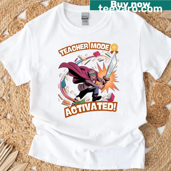 Oversized T-shirt with 'Teacher Mode Activated' superhero graphic.