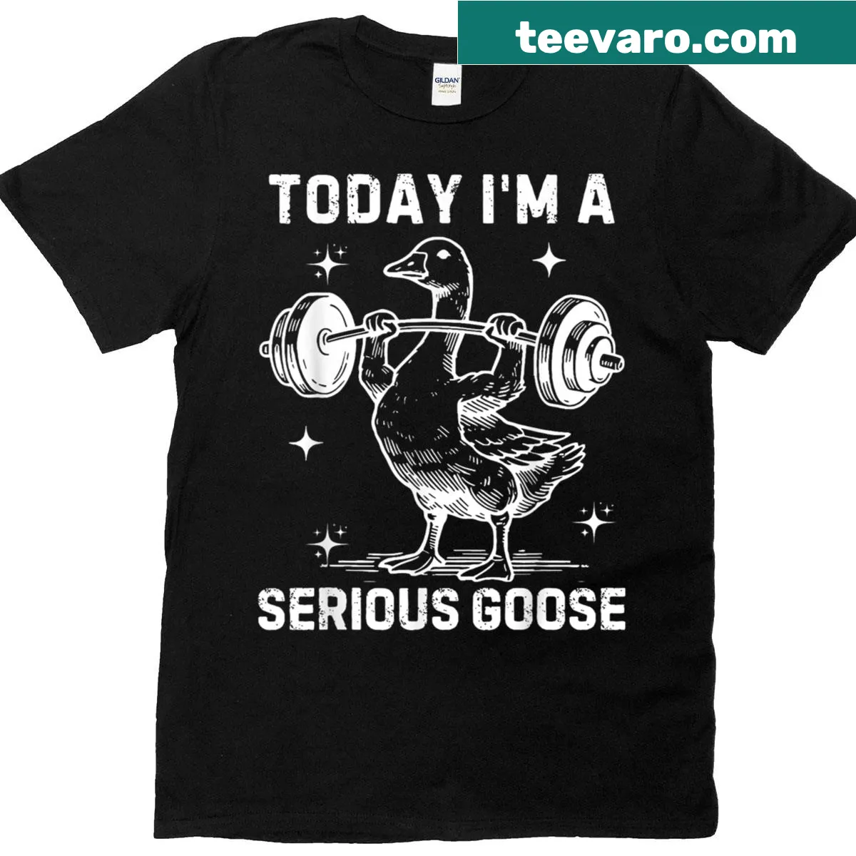 Funny lifting weights T-shirt with Serious Goose graphic — on a men's t-shirt