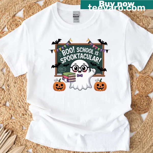 Funny text Too Ghoul For School with ghost graphic on a t-shirt