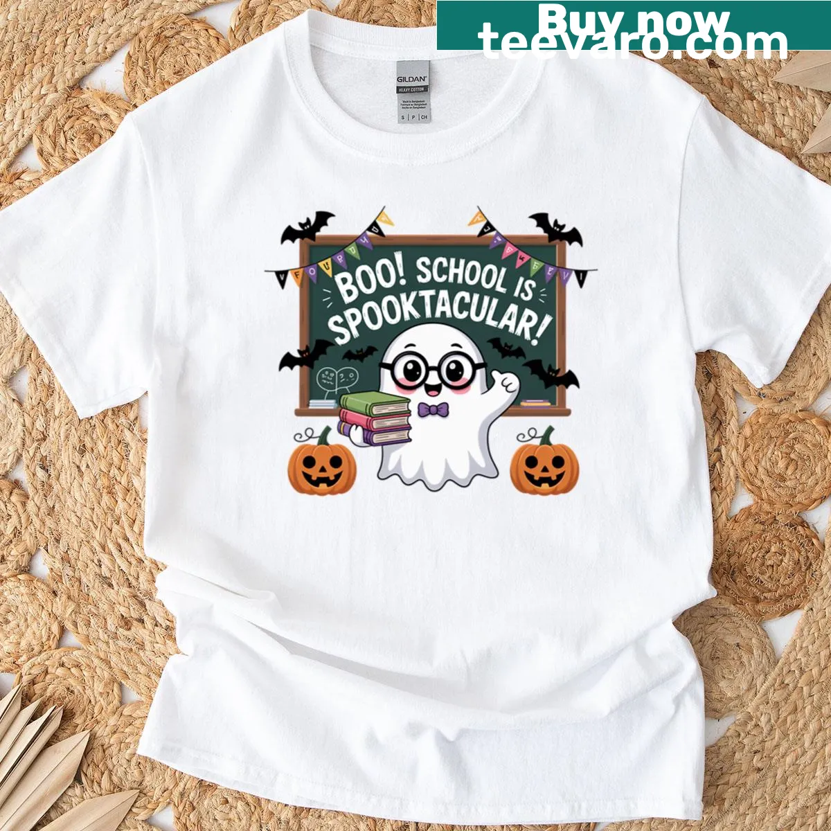 Funny text Too Ghoul For School with ghost graphic on a t-shirt — on a men's t-shirt