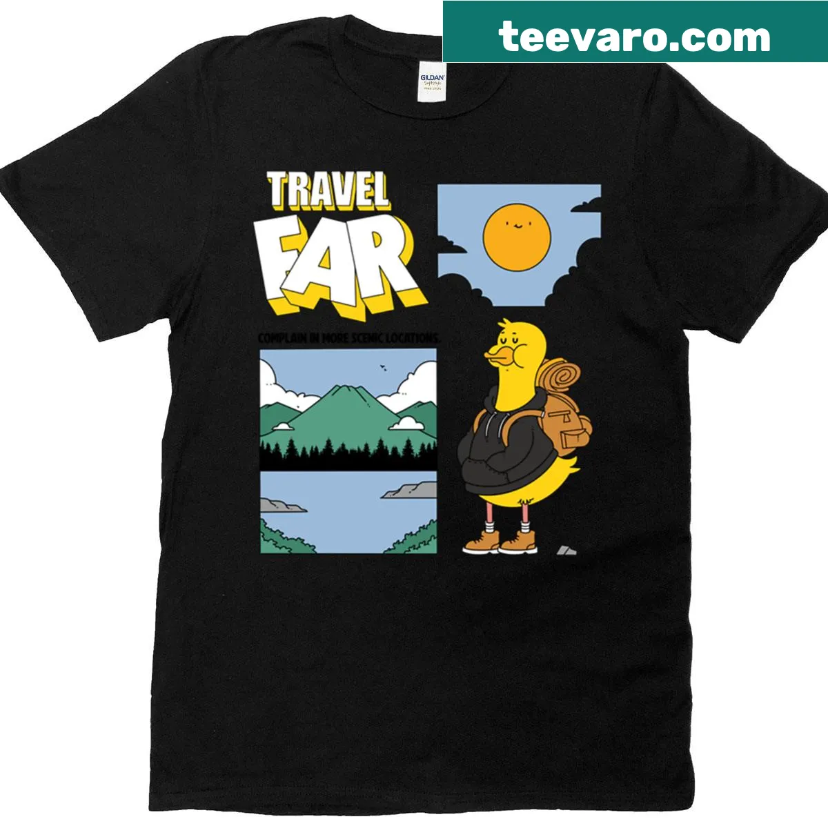Travel-themed T-shirt with humorous graphic — on a men's t-shirt