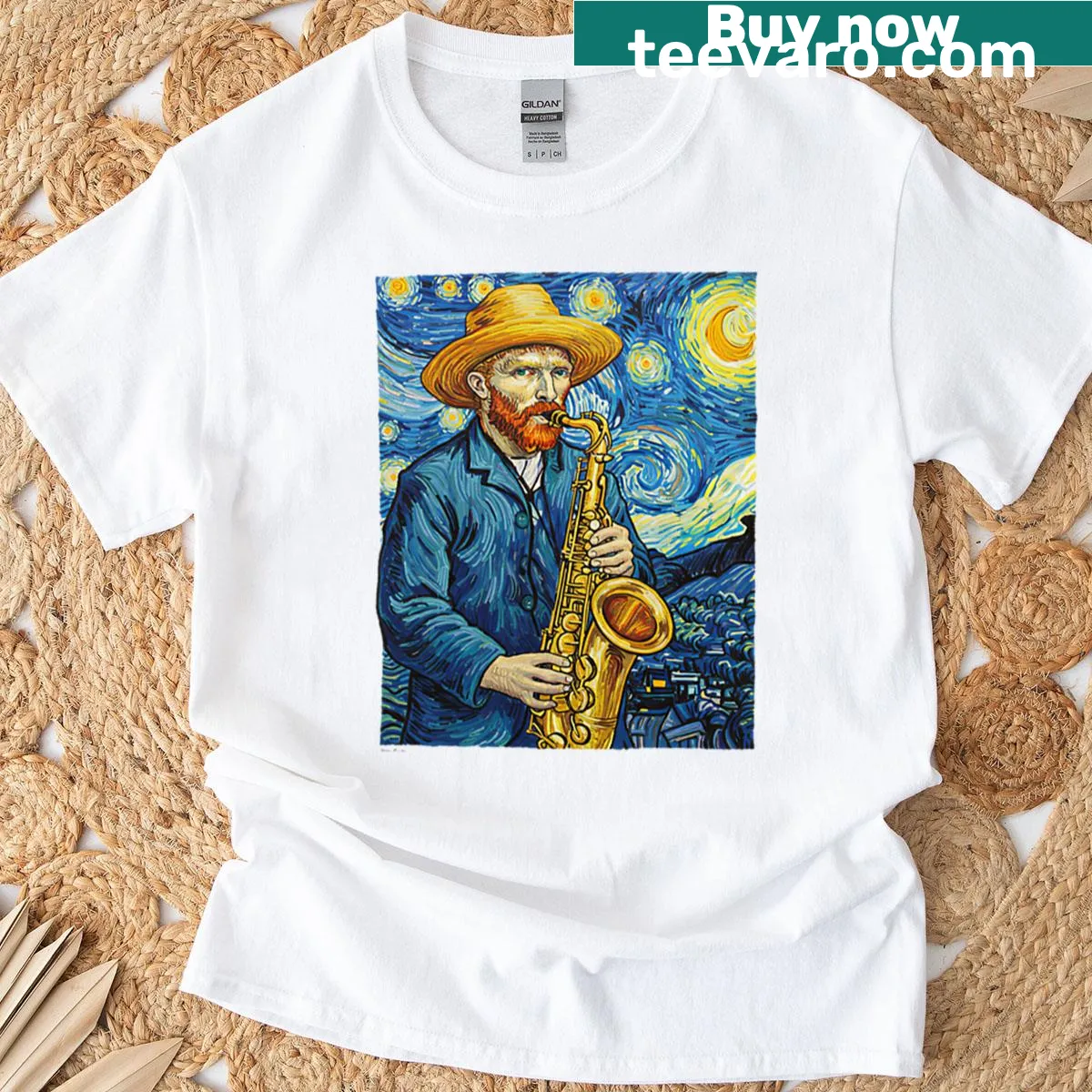 T-shirt featuring Vincent Van Gogh playing saxophone — on a men's t-shirt