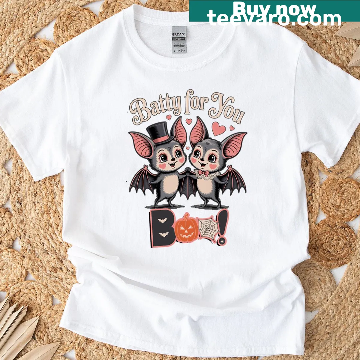 Vintage-style T-shirt featuring a cute bat couple for Halloween — on a men's t-shirt