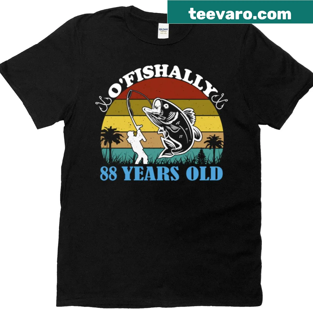 Vintage fishing birthday shirt with humorous 'Ofishally 88 Years Old' text — on a men's t-shirt