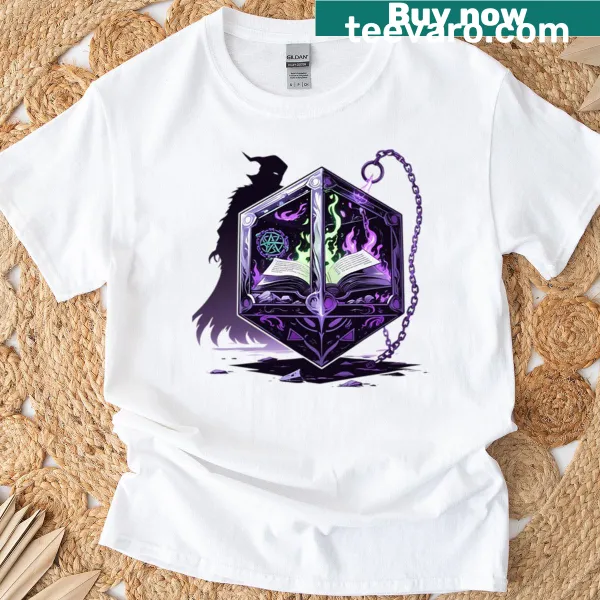 Whimsical Warlock Dice t-shirt featuring magical dice and symbols