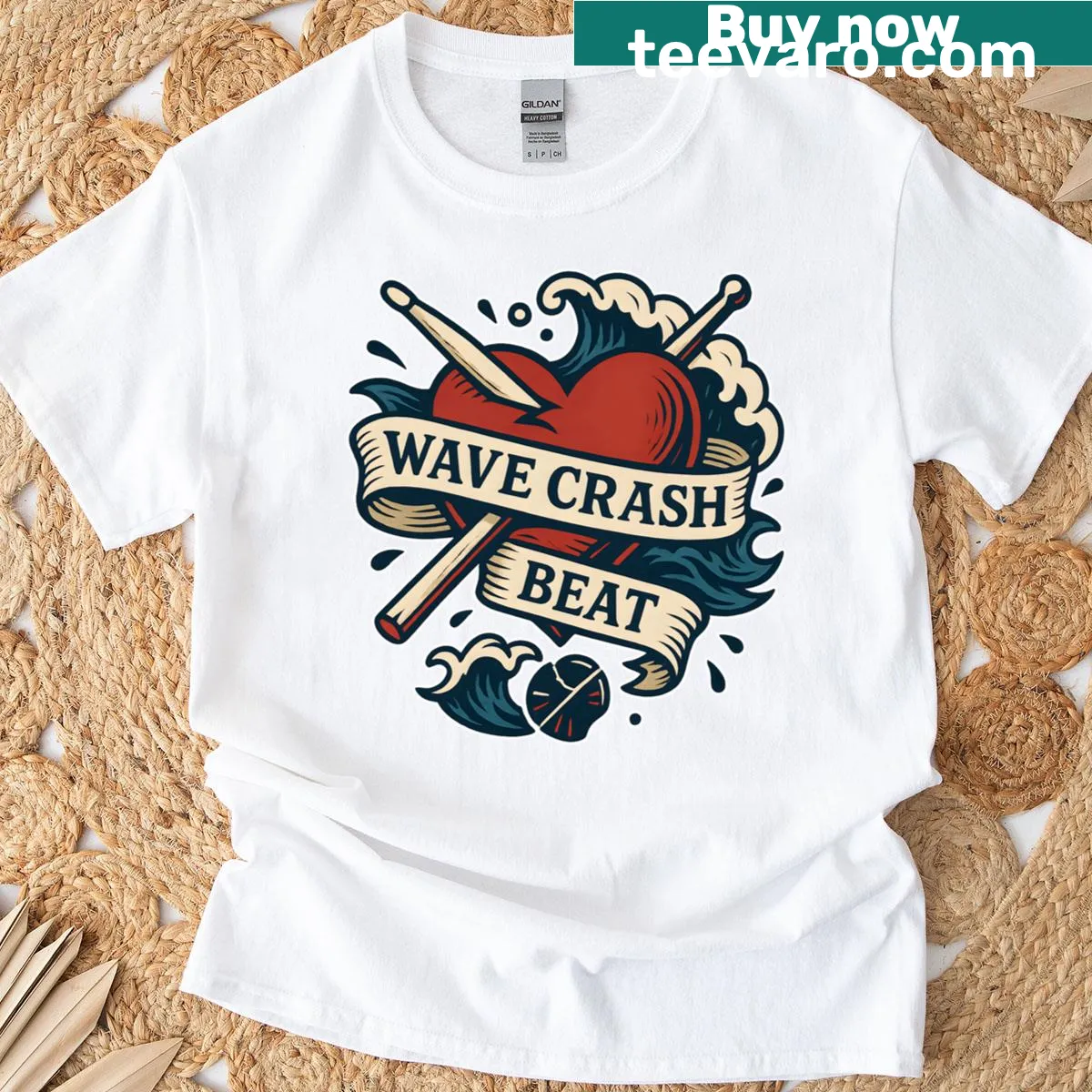 Minimalist line-art t-shirt depicting music and waves — on a men's t-shirt