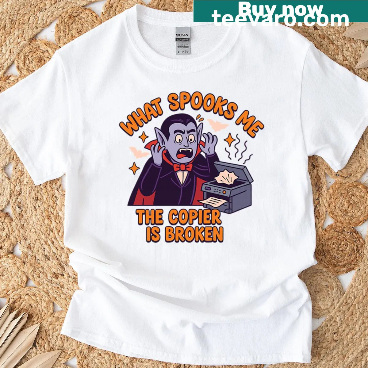 Teacher vampire graphic t-shirt with humorous copier phrase — on a men's t-shirt
