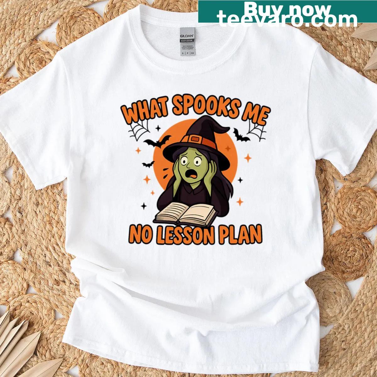 Funny Halloween teacher t-shirt with 'No Lesson Plan' text — on a men's t-shirt