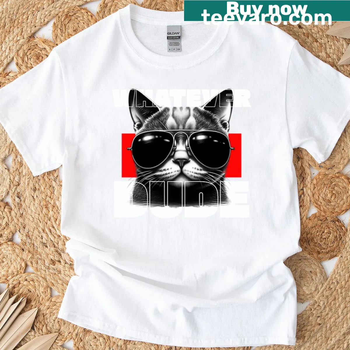 Sarcastic cat graphic t-shirt with 'Whatever Dude' text — on a men's t-shirt