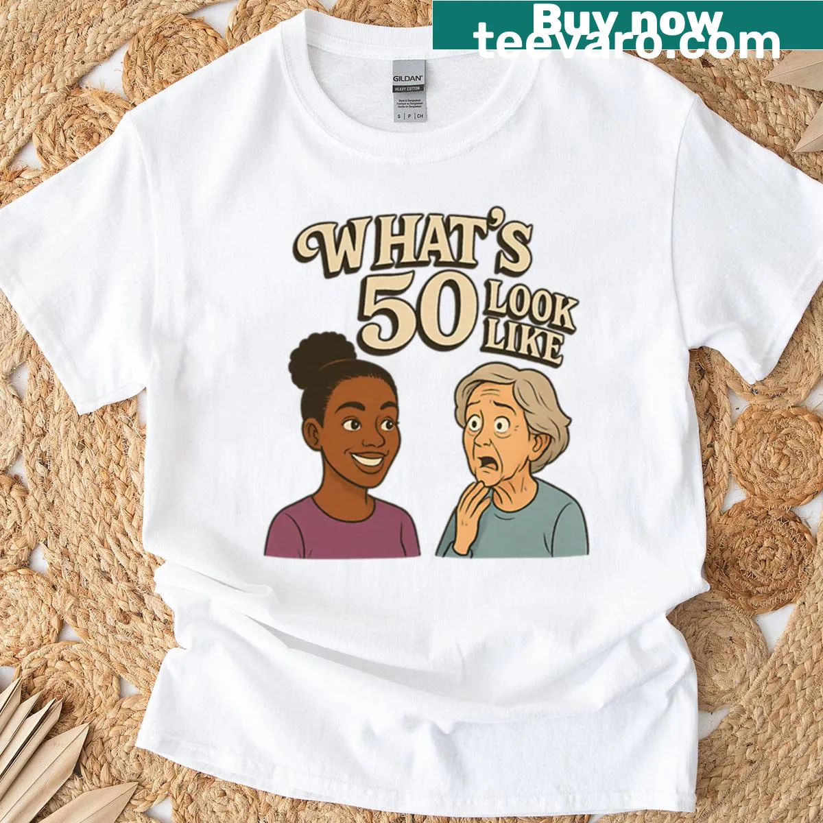 Funny T-shirt with humorous age comparison cartoon — on a men's t-shirt