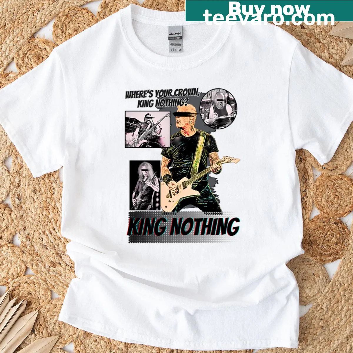 Text graphic T-shirt with 'Where’s Your Crown, Kings? Nothing!' — on a men's t-shirt