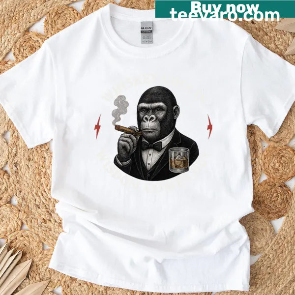 Funny monkey drinking t-shirt with 'Whiskey Goes In' text