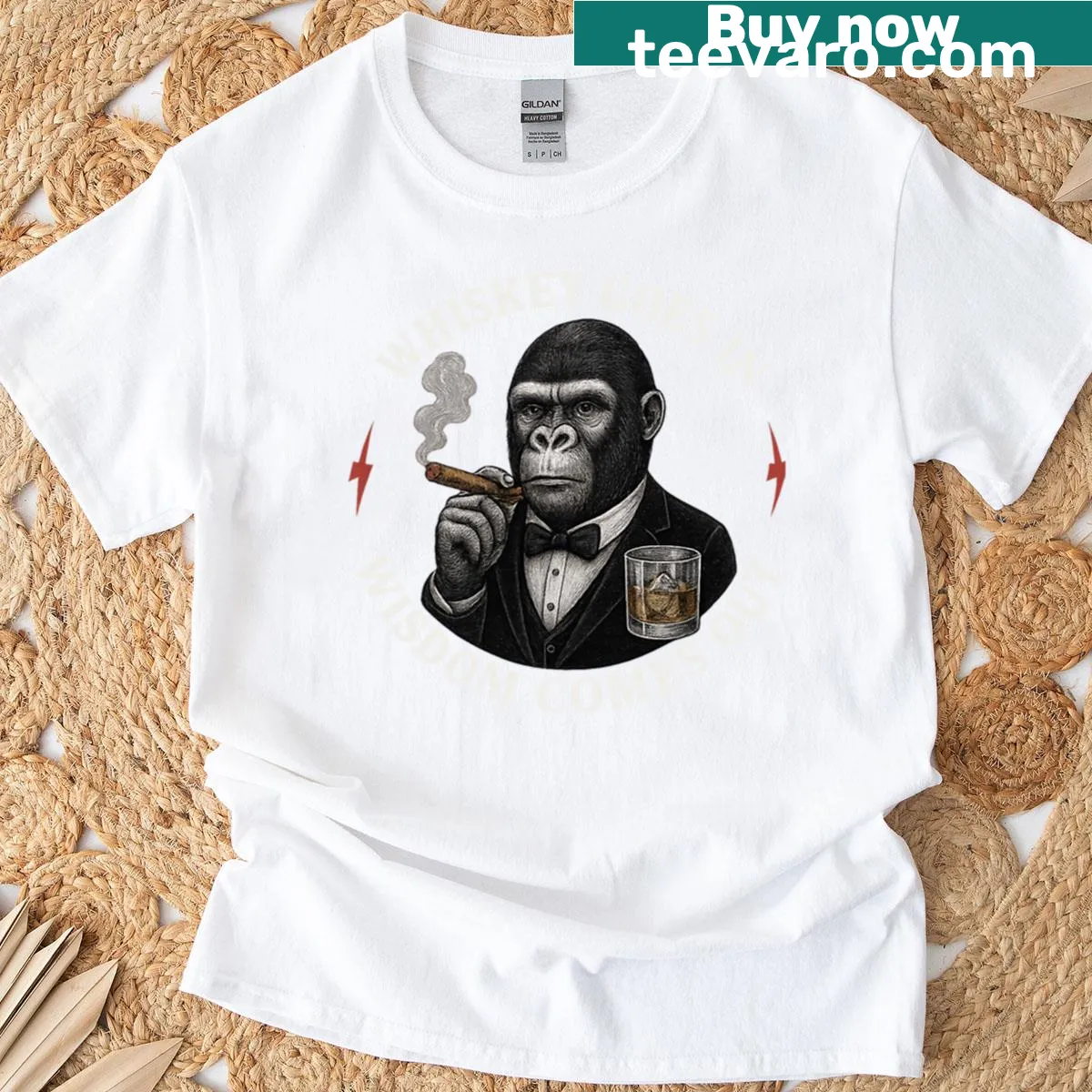 Funny monkey drinking t-shirt with 'Whiskey Goes In' text — on a men's t-shirt