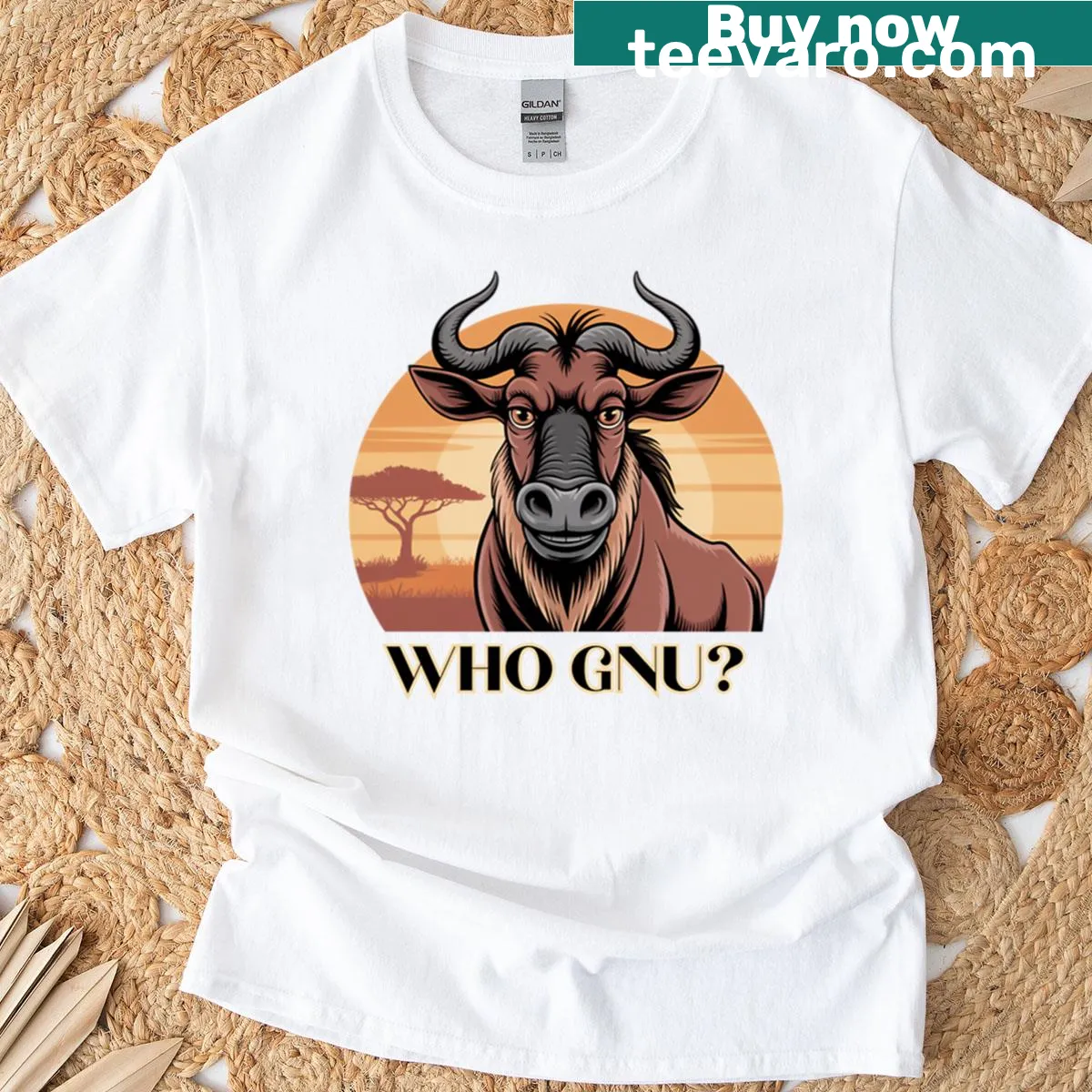 Cartoon T-shirt featuring a smart-looking wildebeest — on a men's t-shirt