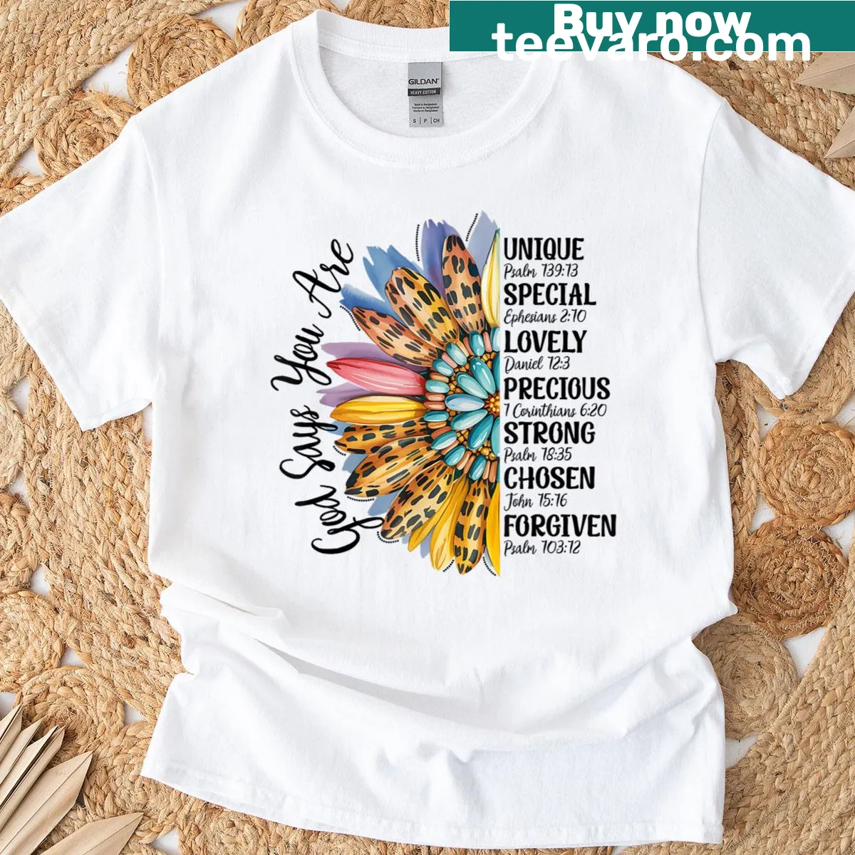 Illustrative T-shirt featuring wildflowers and a sunflower design — on a men's t-shirt