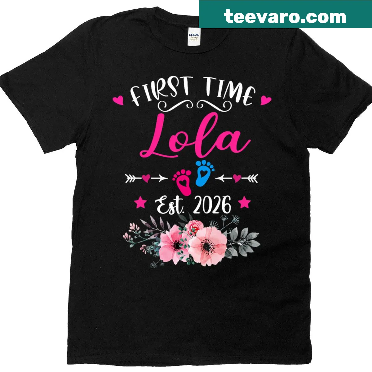 Floral t-shirt with 'First Time Lola Est 2026' text for new grandmas — on a men's t-shirt