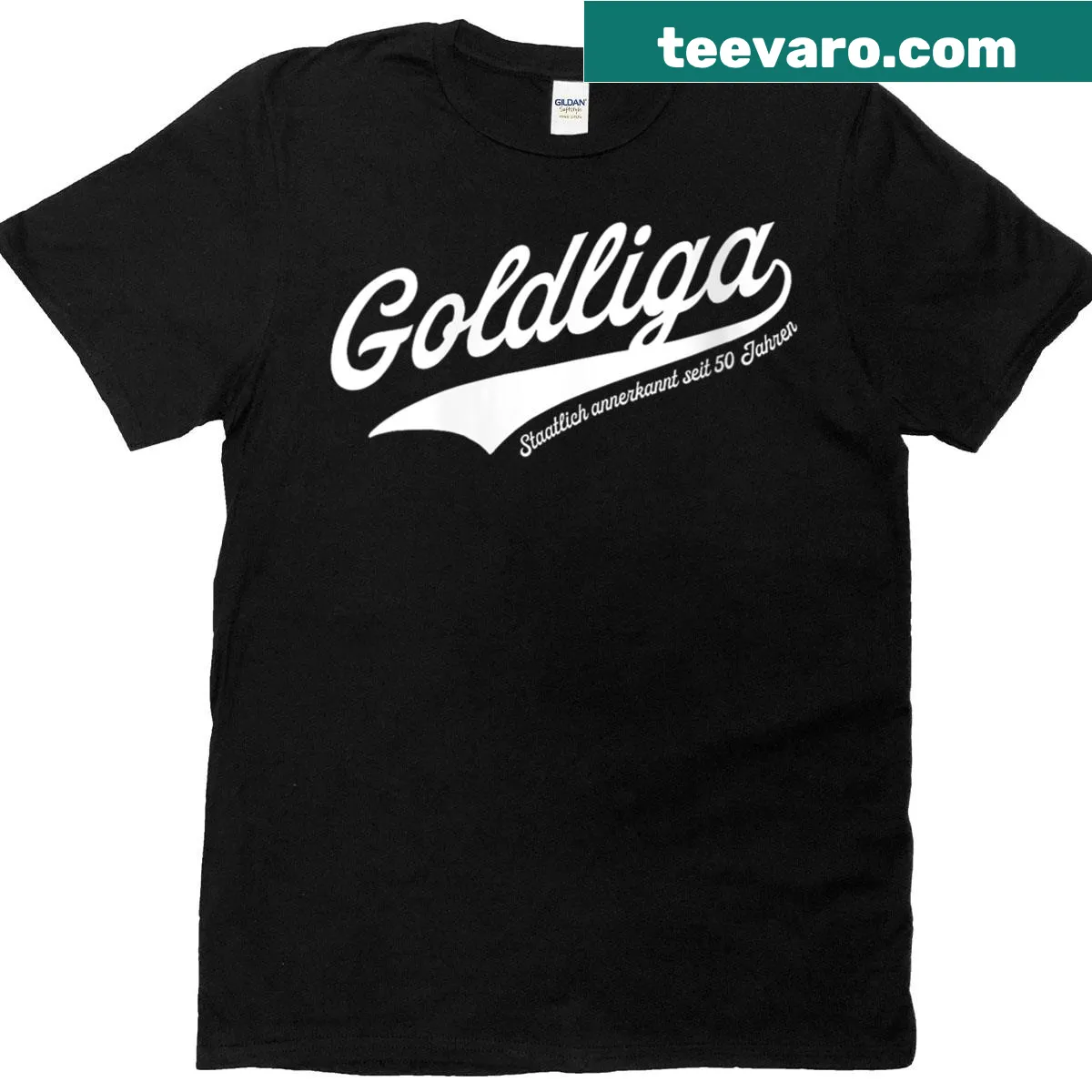 Golden anniversary T-shirt with 'Goldliga - Goldene Hochzeit' text — on a men's t-shirt