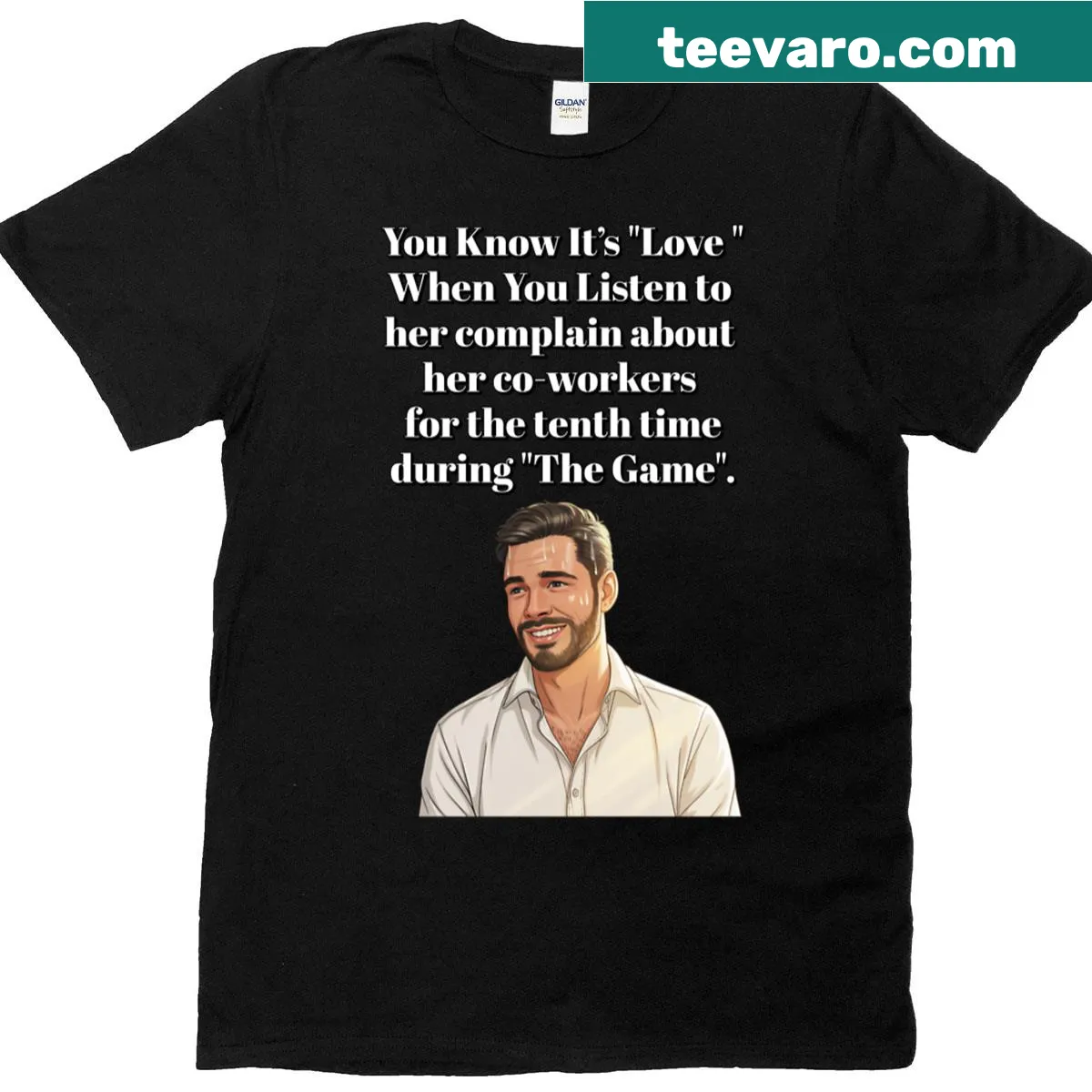 Oversized t-shirt with a playful love quote about watching games together — on a men's t-shirt