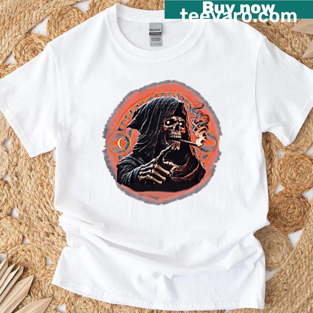 Skeleton-themed shirt with humorous text about being swallowed — on a men's t-shirt