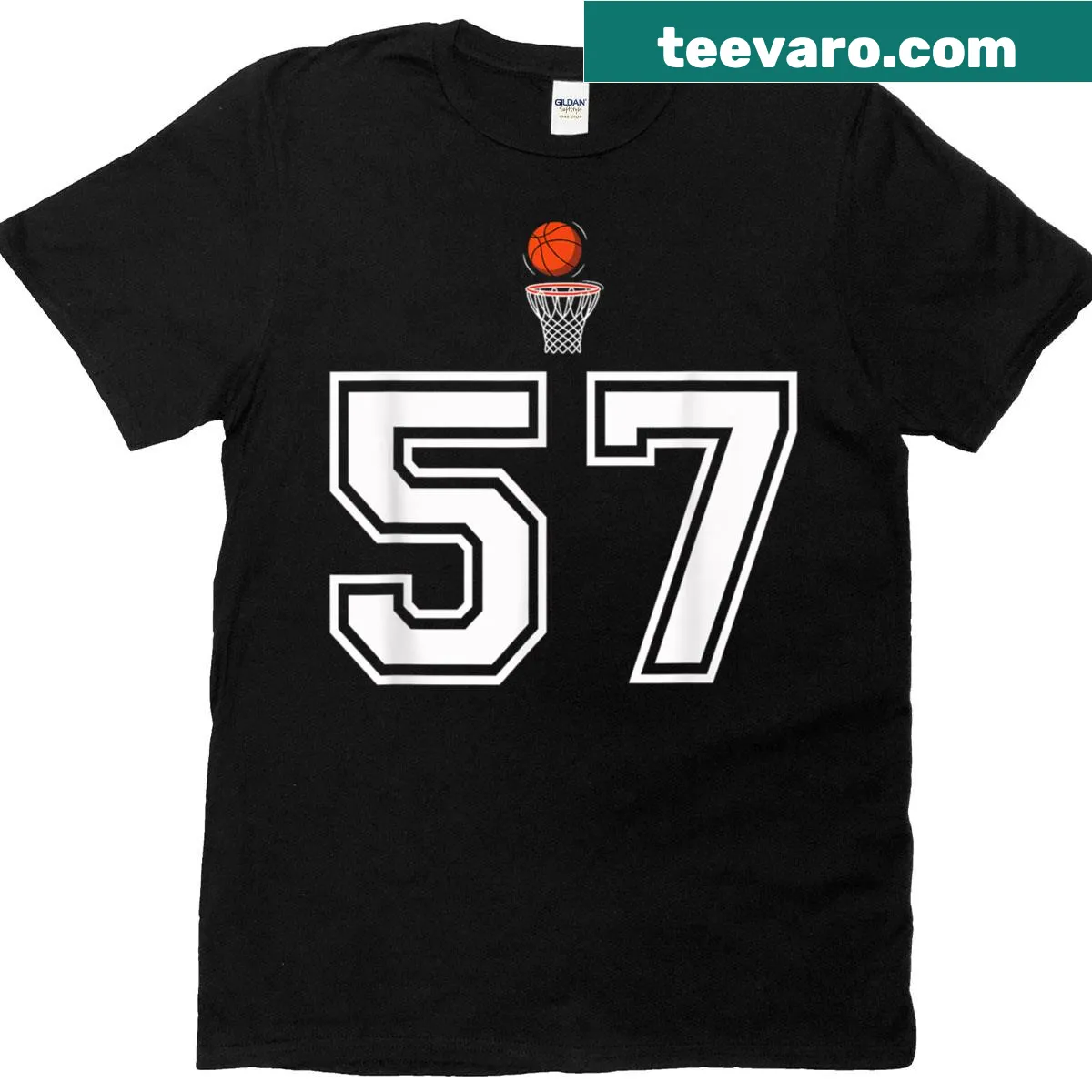 Vintage white t-shirt with basketball-style number 57 design — on a men's t-shirt