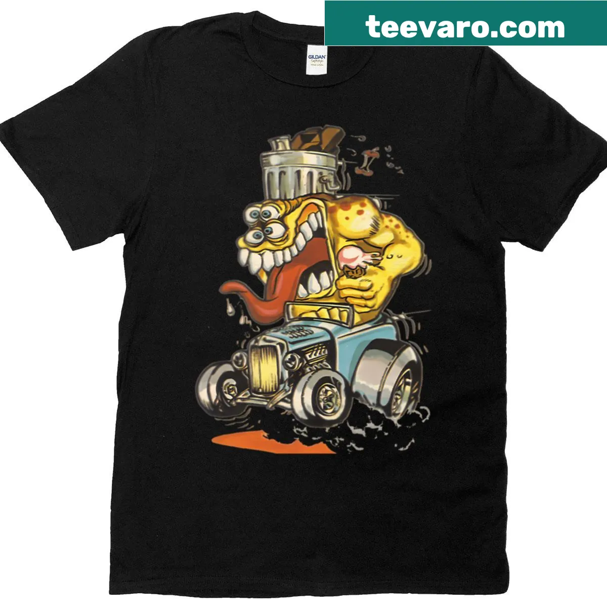 Retro hot rod graphic t-shirt with a junk monster theme — on a men's t-shirt