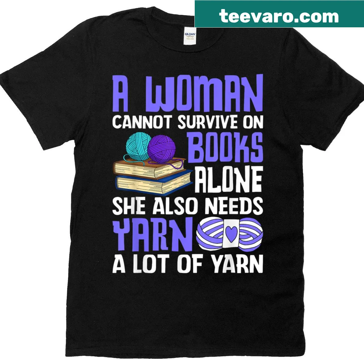 Illustrated t-shirt featuring books and yarn for craft lovers — on a men's t-shirt