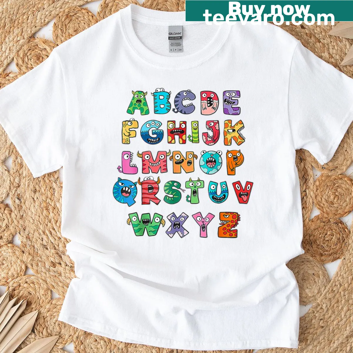 Cute monster alphabet design for kids' Halloween T-shirt — on a men's t-shirt