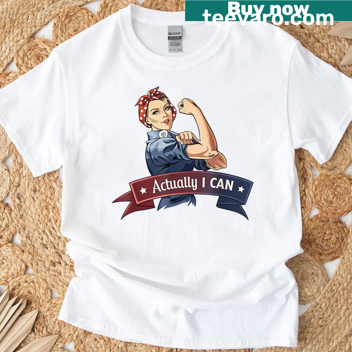 Rosie the Riveter graphic t-shirt with 'Actually I Can' text — on a men's t-shirt