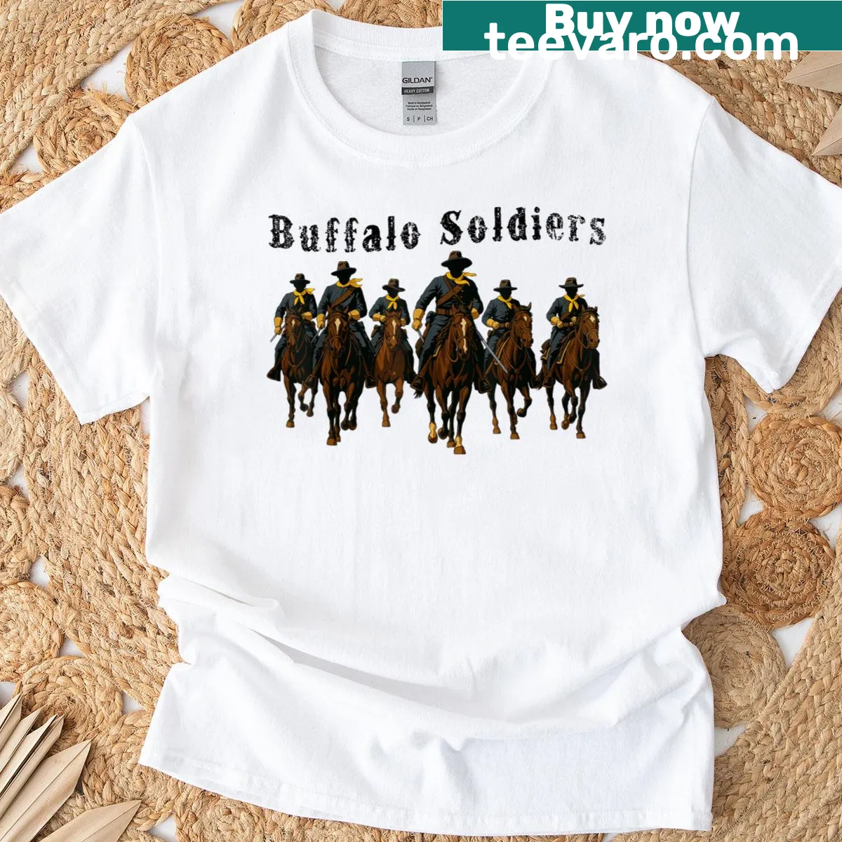 Vintage design featuring Black cowboys and Buffalo Soldiers. — on a men's t-shirt