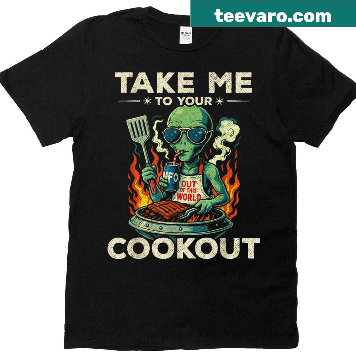 Funny grilling T-shirt with an illustration of an alien UFO and the phrase 'Take Me To Your Cookout.' — on a men's t-shirt