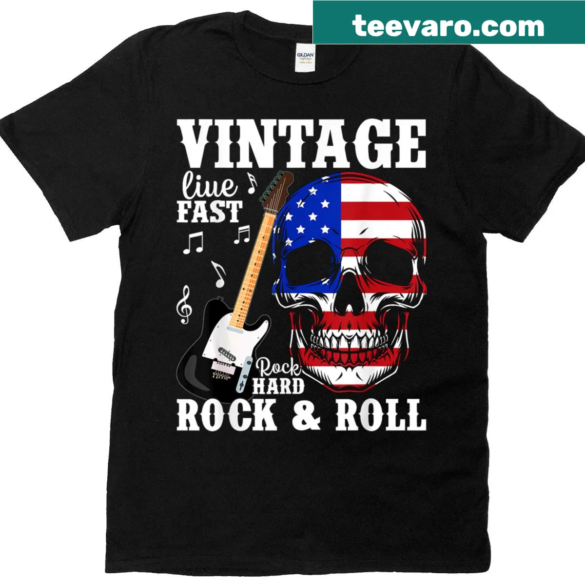 Vintage T-shirt with skull guitarist and American flag design — on a men's t-shirt