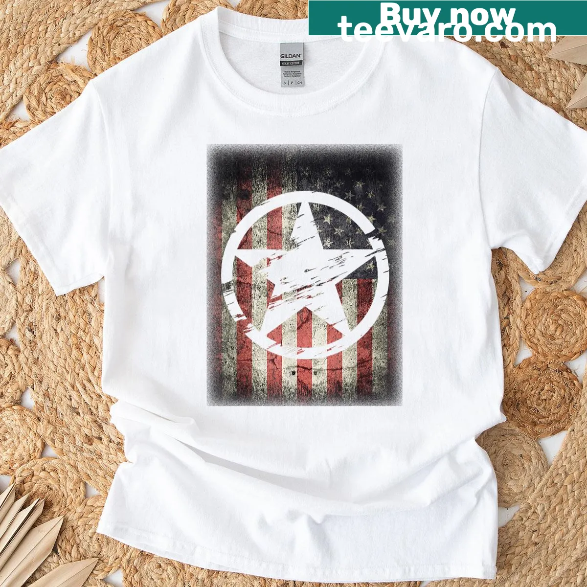 Vintage t-shirt featuring the American flag design for Fourth of July — on a men's t-shirt